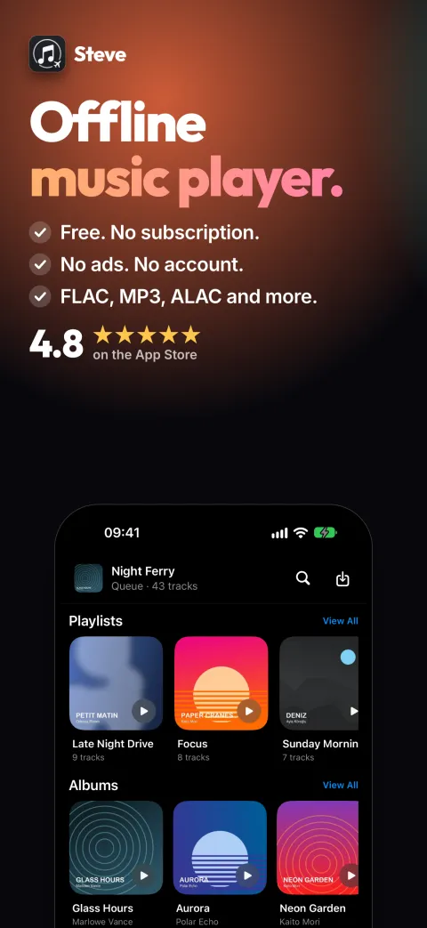Steve App Store screenshot: offline music player